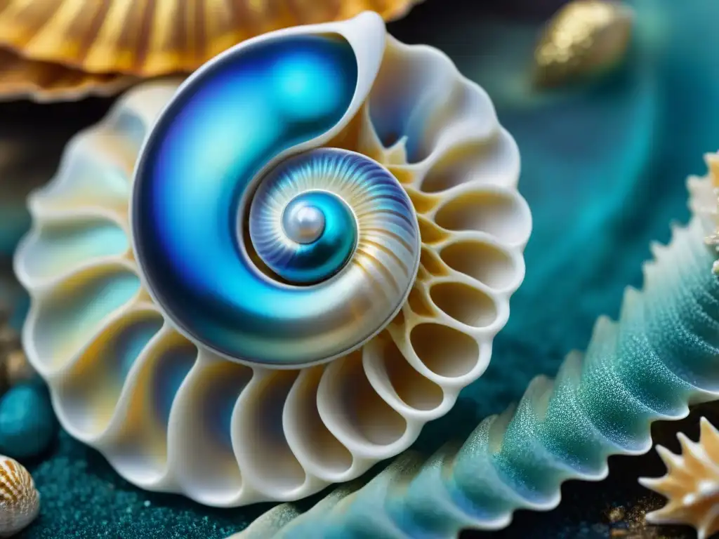 Joyas del mar: perla iridiscente en concha Aretes con historias del océano: Detalle de una perla iridiscente en una concha marina, reflejando la belleza natural del mar
