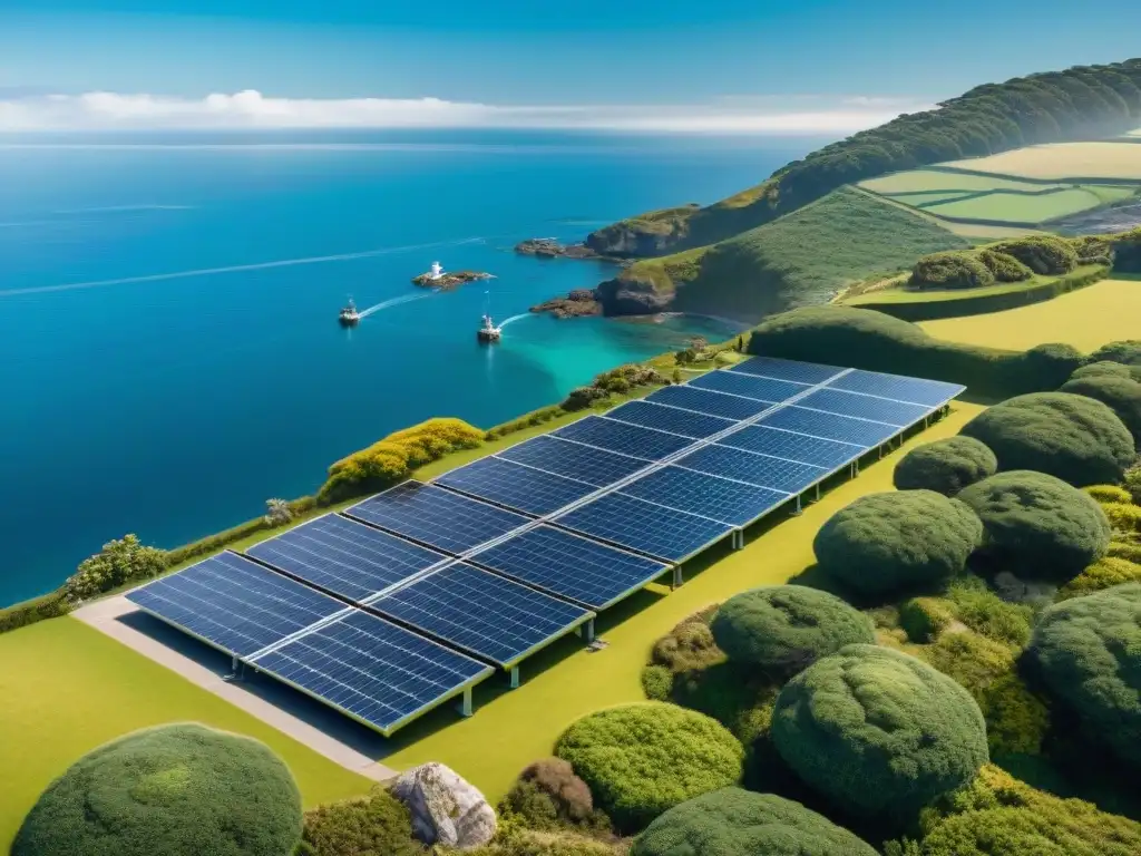 Energía solar en la costa: armonía sostenible Armonía de Energía Solar en la Costa: paneles solares integrados en propiedad costera, capturando sostenibilidad y belleza natural