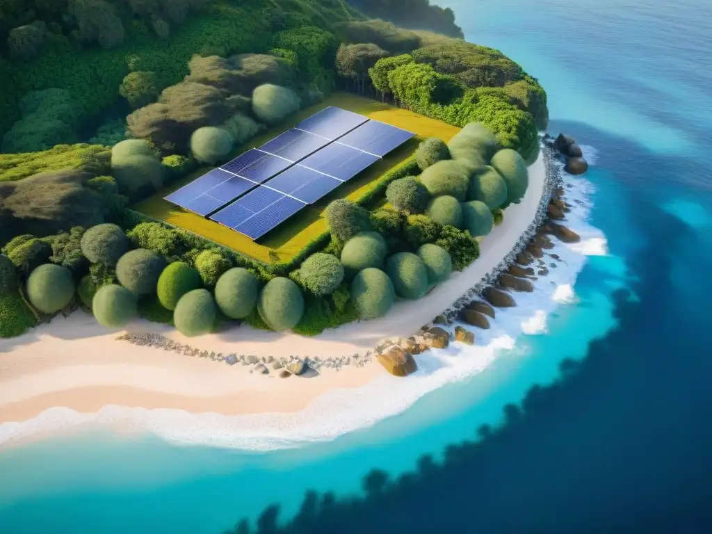 Propiedad costera sostenible: armonía entre tecnología eco y naturaleza Armonía de sostenibilidad en propiedades costeras: paneles solares, jardines verdes y playa cristalina