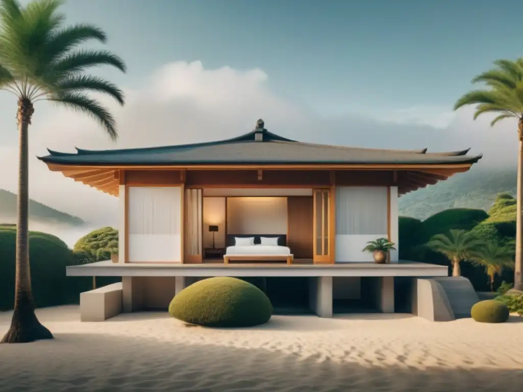 Casa japonesa en la playa: serenidad y minimalismo Armoniosa casa de estilo japonés en la costa, rodeada de palmeras y con diseño minimalista y colores neutros