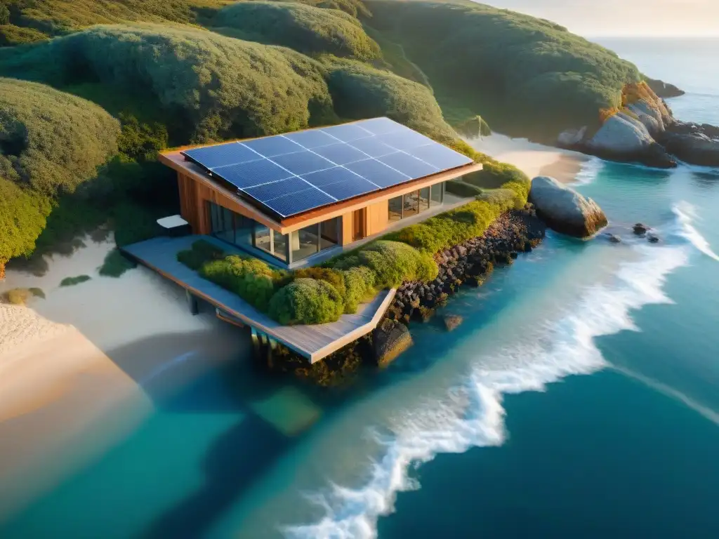 Arquitectura sostenible en la costa: edificio ecofriendly integrado con la naturaleza Arquitectura bioclimática en construcción costera moderna, integrada con el entorno marítimo y sostenible