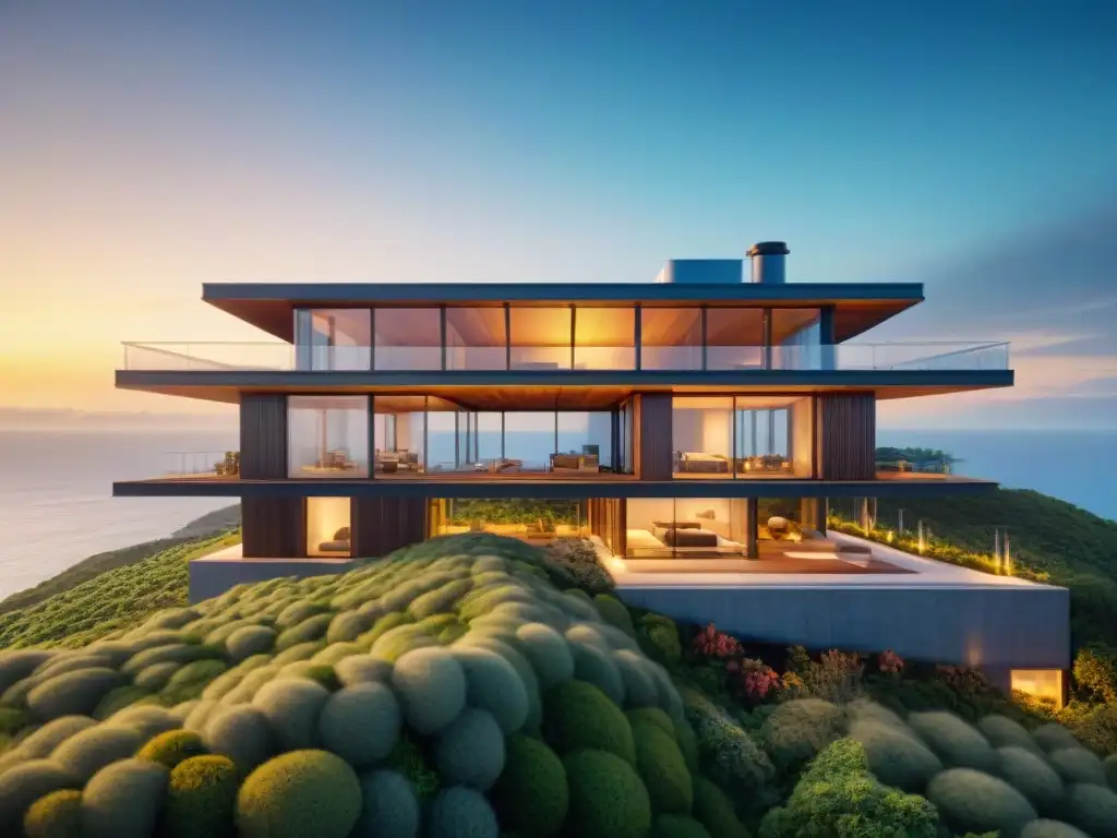 Edificio costero ecoamigable: diseño bioclimático Arquitectura bioclimática construcción costera moderna con vistas al mar al atardecer