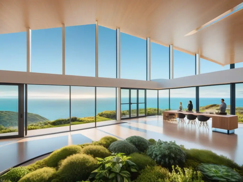 Arquitectura sostenible en armonía con la naturaleza Arquitectura biofílica en construcciones costeras: Edificio sostenible rodeado de naturaleza, con vistas al mar y personas dialogando