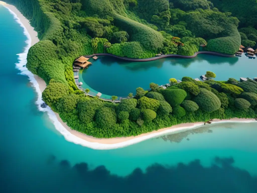 Resort costero: arquitectura biófila integrada en la naturaleza Arquitectura biofílica en construcciones costeras: resort integrado en entorno natural con agua y vegetación exuberante