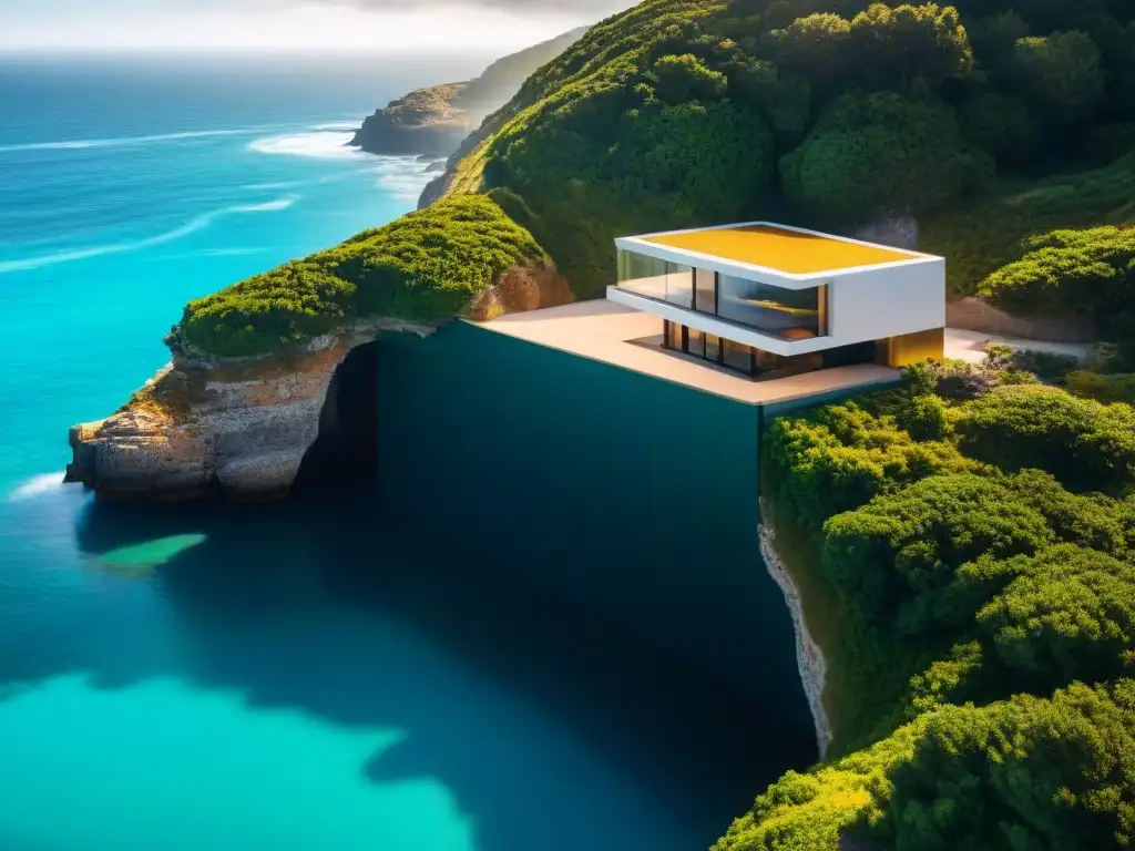 Arquitectura costera moderna: innovación y tranquilidad frente al mar Arquitectura costera de diseño innovador, reflejando la luz dorada sobre el mar turquesa y la costa rocosa