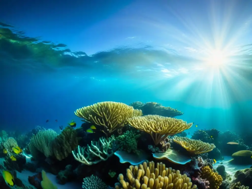 Arrecife de coral vibrante: belleza y biodiversidad marina Un arrecife de coral vibrante y colorido, con peces y plantas marinas, en aguas cristalinas bajo la luz del sol