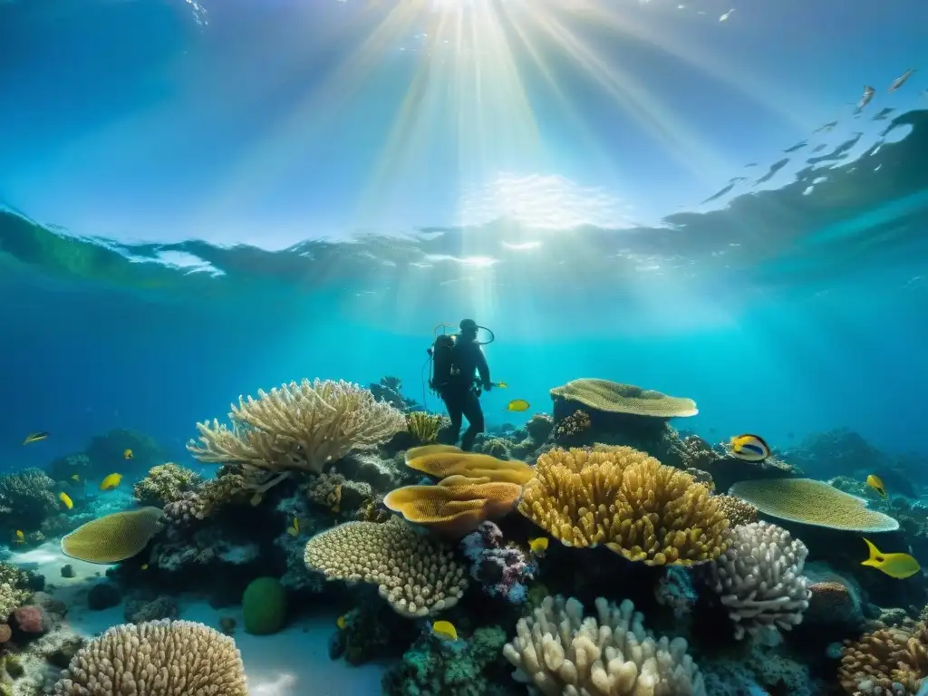 Arrecife de coral vibrante: biodiversidad en acción Un arrecife de coral vibrante y colorido, lleno de vida marina bajo aguas turquesa cristalinas