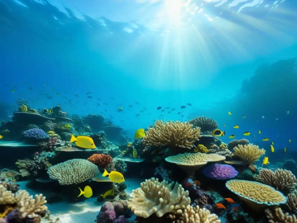 Arrecife de coral vibrante: vida marina colorida y diversa Un arrecife de coral vibrante y diverso bajo el mar, resaltando la biodiversidad y la contaminación acuática en zonas turísticas
