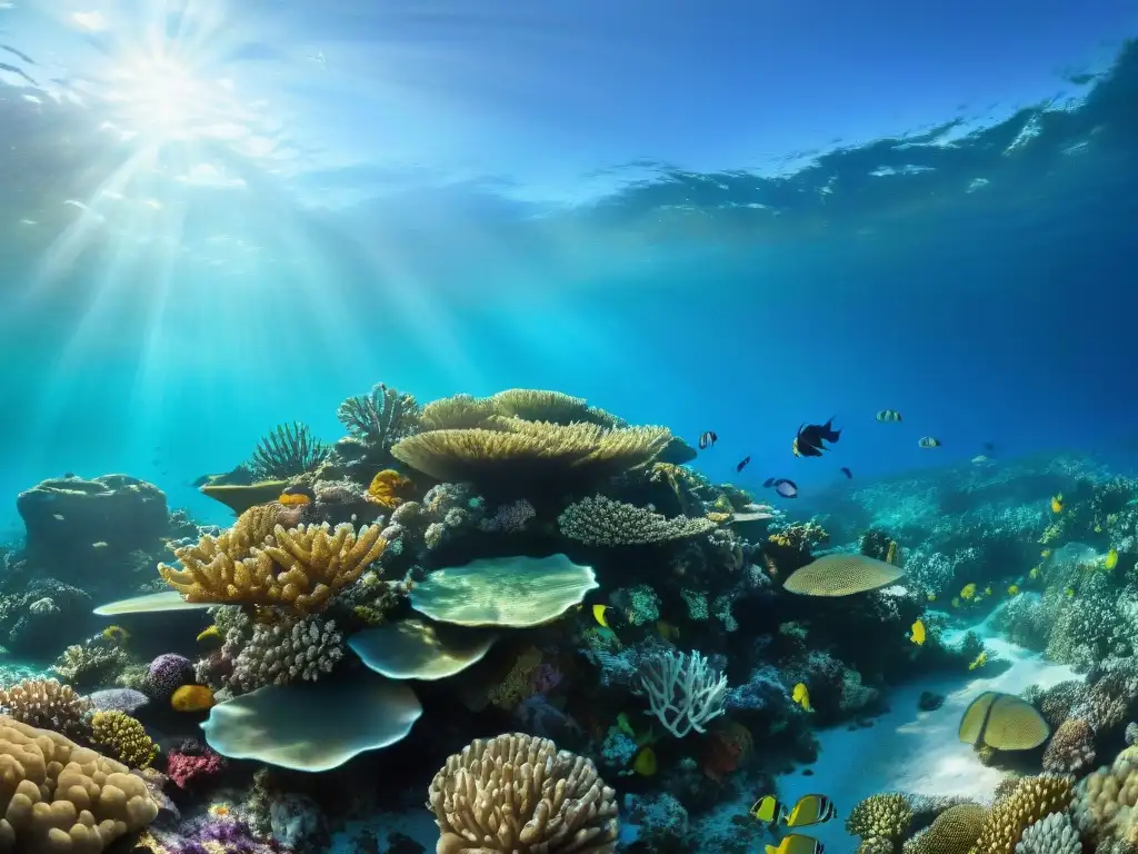 Arrecife de coral vibrante: vida marina en equilibrio Un arrecife de coral vibrante y diverso, reflejo de la fragilidad de los ecosistemas costeros ante el impacto del cambio climático
