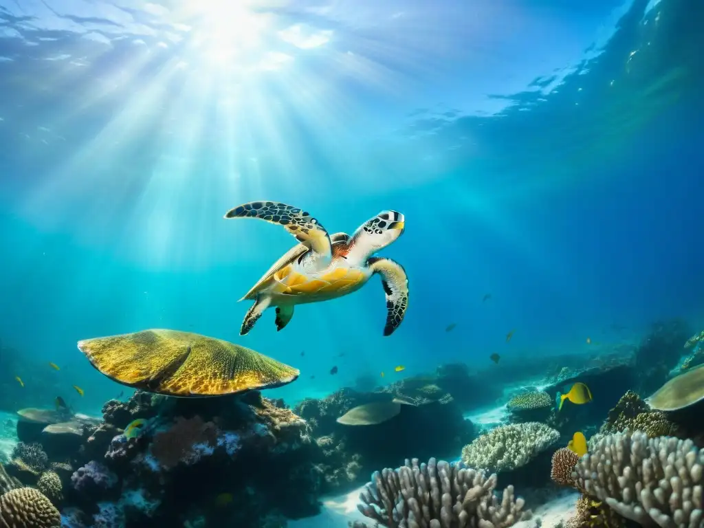 Arrecife de coral vibrante: vida marina en movimiento Un arrecife de coral vibrante lleno de peces coloridos y algas ondeantes, bañado por la luz del sol en el agua turquesa
