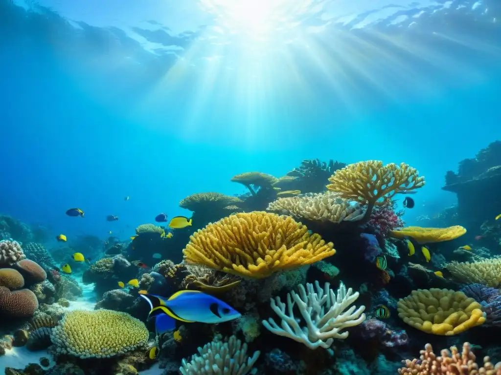 Arrecife de coral vibrante: belleza submarina y conservación Un arrecife de coral vibrante, lleno de vida marina, destacando la belleza de la conservación costera responsable