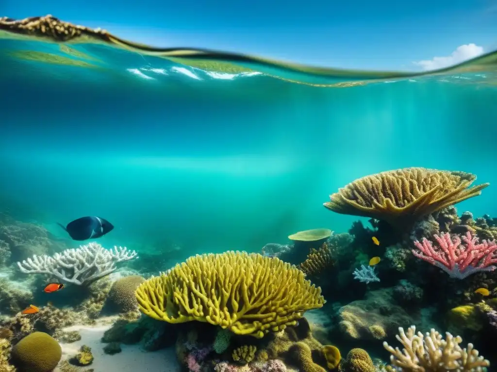 Reef en peligro: impacto de la contaminación en destino turístico Un arrecife de coral en zona turística muestra deterioro por contaminación acuática