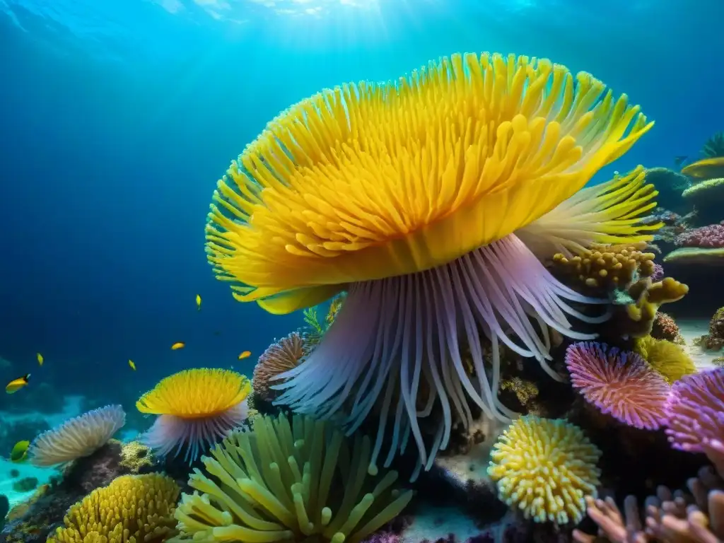 Arrecife de coral vibrante: belleza y diversidad marina Un arrecife de coral vibrante con peces coloridos, anémonas y formaciones de coral en un ecosistema próspero