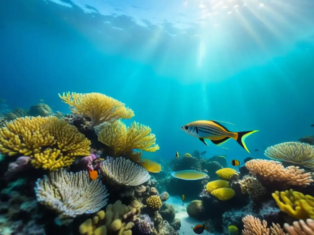 Arrecife de coral vibrante y colorido en 8k Un arrecife de coral vibrante con peces coloridos y formaciones de coral, bajo aguas cristalinas