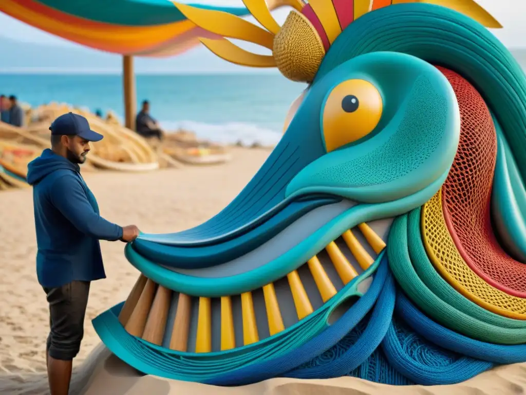Artesanos costeros tallando escultura marina Arte costero en comunidades marítimas: Artesanos tallando escultura de mar en playa