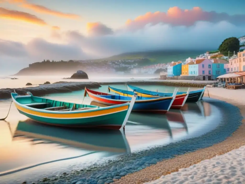 Pintoresco pueblo costero al amanecer: detalle en 8K Arte costero: colección de inicio de vida en un pueblo sereno al amanecer, con botes pesqueros y pescadores locales