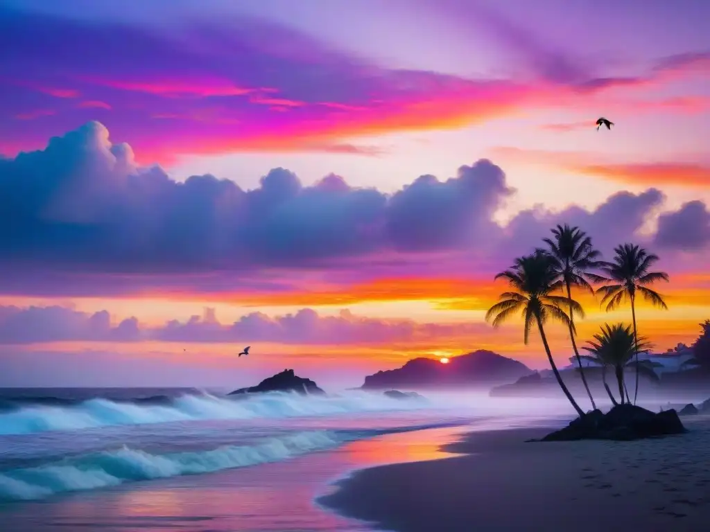 Puesta de sol costera: serenidad en colores vibrantes Arte costero como inversión emocional: Atardecer sereno con tonos vibrantes de naranja, rosa y morado en el cielo, siluetas de palmeras y gaviotas