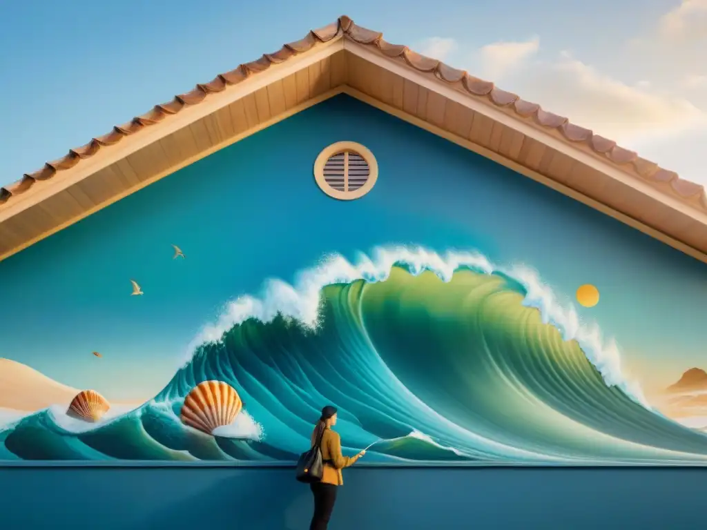 Obra maestra: mural costero en proceso de creación Arte costero en mural vibrante en edificio, influencia de moda y diseño se fusionan en una obra maestra marina