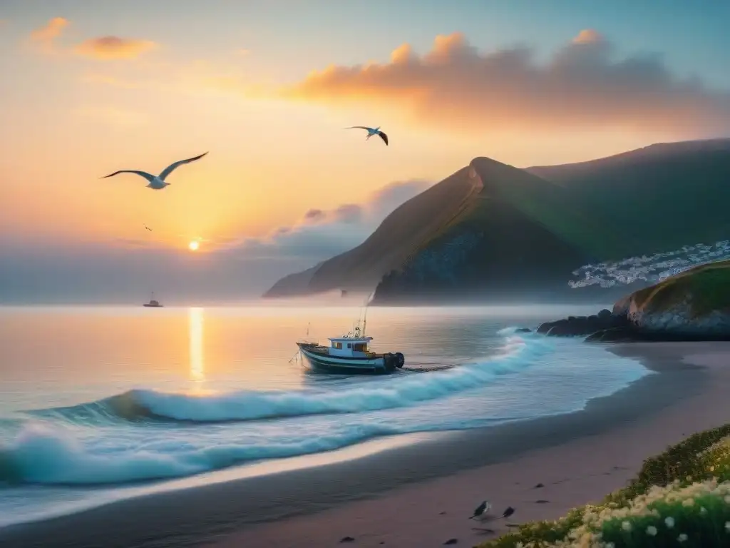 Amanecer sereno en la costa: pinturas pastel y serenidad marina Arte costero: paisaje sereno al amanecer con tonos pastel, barca pesquera y gaviotas
