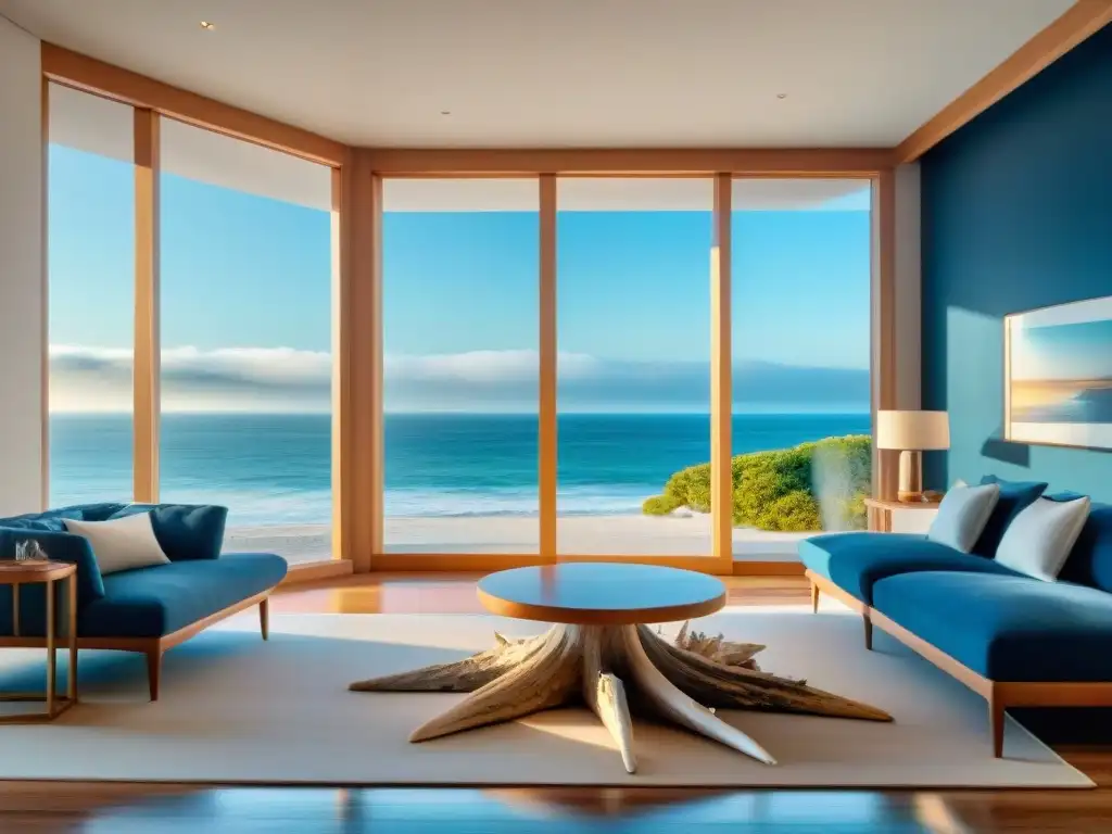 Propiedad costera al amanecer: serenidad y sofisticación Arte costero en decoración de propiedades: Amanecer sereno en una propiedad costera, con elementos marinos y paleta de colores suaves
