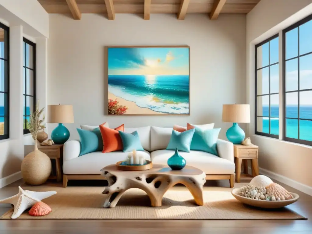 Salón costero bañado por el sol: decoración vibrante y relajante Arte costero en decoración de propiedades: Sala costera iluminada por el sol, con muebles blancos y elementos marinos vibrantes