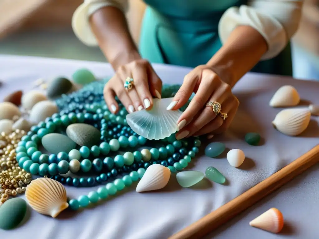 Artesana creando joyería marina única con destreza Artesana creando bisutería con alma marina asequible, rodeada de coloridas cuentas, conchas y vidrio marino