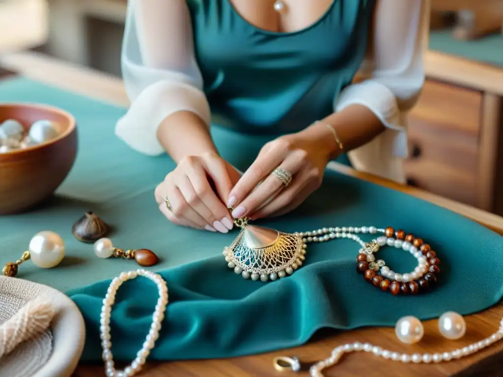 Creador de collares marinos: artesanía detallada Artesana crea collar inspirado en propiedades costeras vida junto mar con perlas y cuentas en banco de trabajo