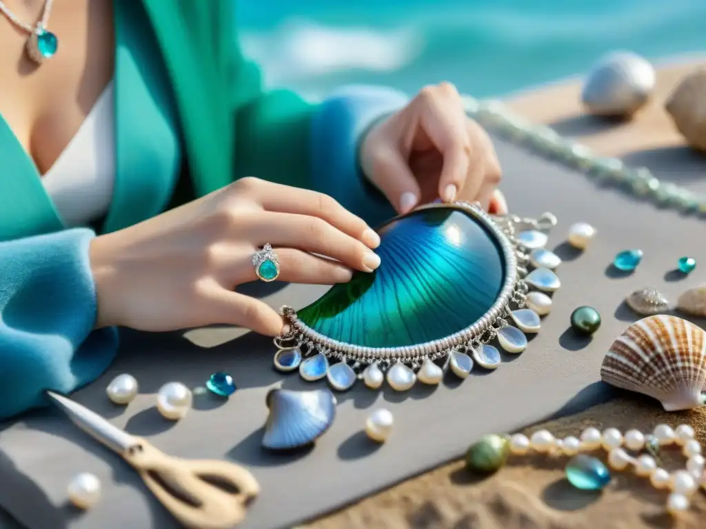 Creación artesanal de collar de lujo inspirado en el mar Artesanía de lujo para vida costera: joya marina con gemas azules y verdes en cadena de plata
