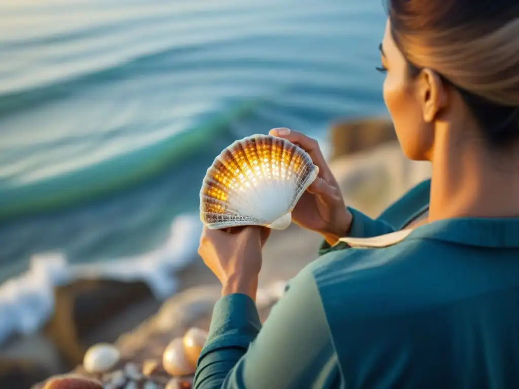 Artesanos creando mosaicos de conchas al atardecer Artesanías marítimas únicas mundo: artesanos creando mosaicos de conchas en un pueblo costero al atardecer