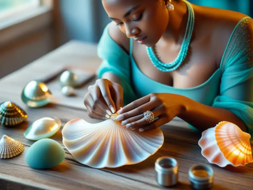 Artesano creando collar de conchas con detalle Un artesano crea accesorios costeros inspirados en el mar en un taller rústico con luz natural