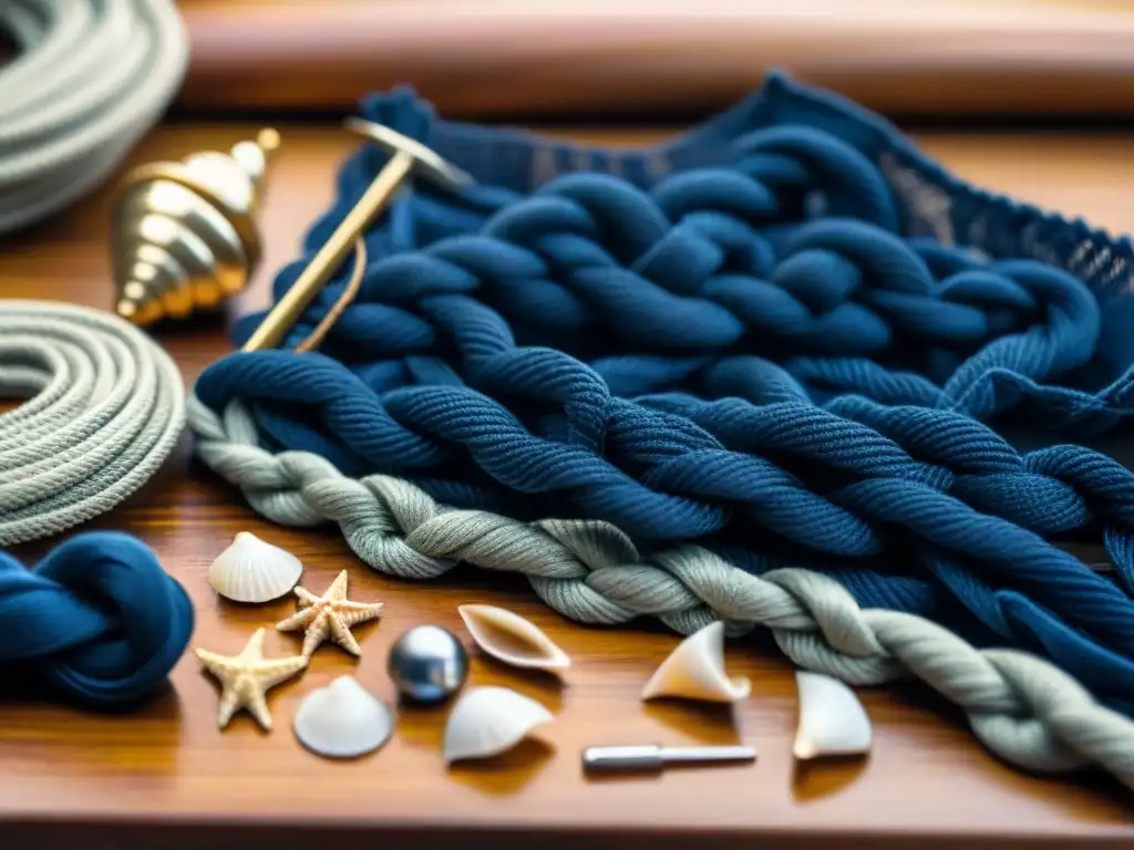 Artesano experto creando accesorio marinero con nudos náuticos detallados Artesano creando accesorios marinos para hombre moderno con nudos náuticos en cuerda azul en banco de madera