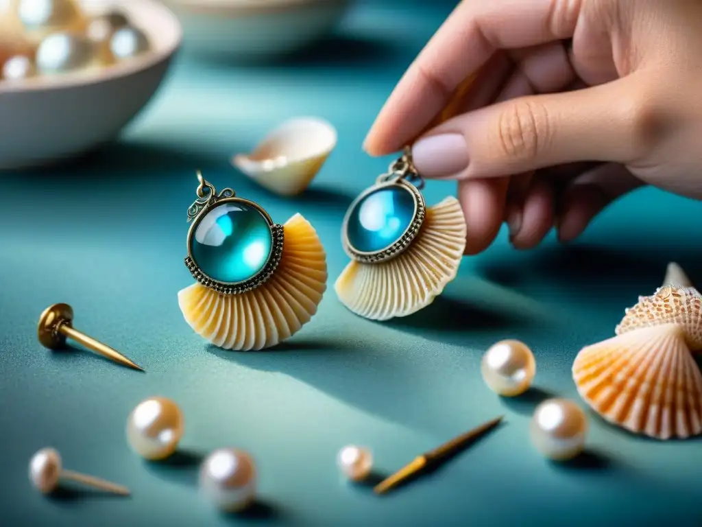 Artesana crea aretes inspirados en el mar Un artesano crea aretes con historias del océano, entre conchas y perlas, bañados en luz natural