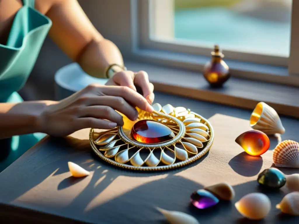 Artesano creando collar con forma de concha en entorno costero Hábil artesano crea colgante con forma de concha rodeado de gemas y conchas en entorno costero de lujo