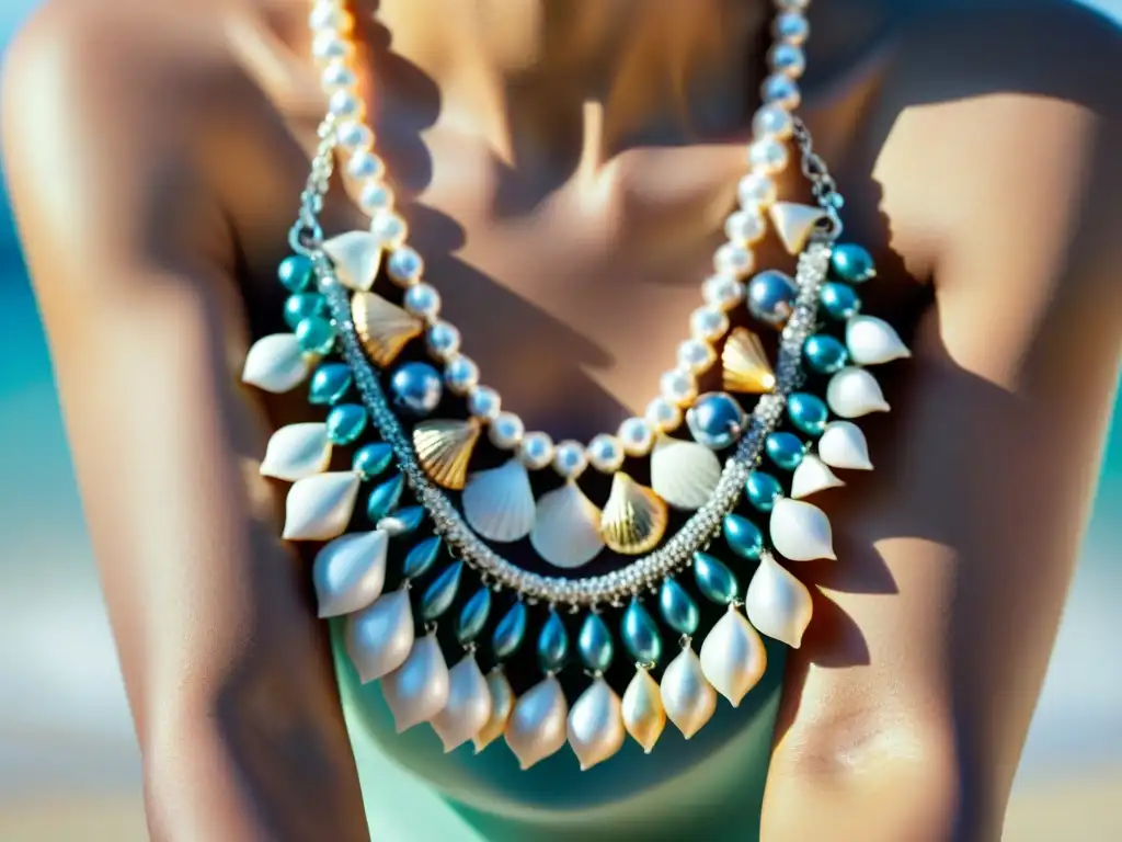 Artesana crea collar con conchas y perlas junto al mar Un artesano hábil crea un collar conchas marinas en entorno costero, Colección joyas conchas marinas
