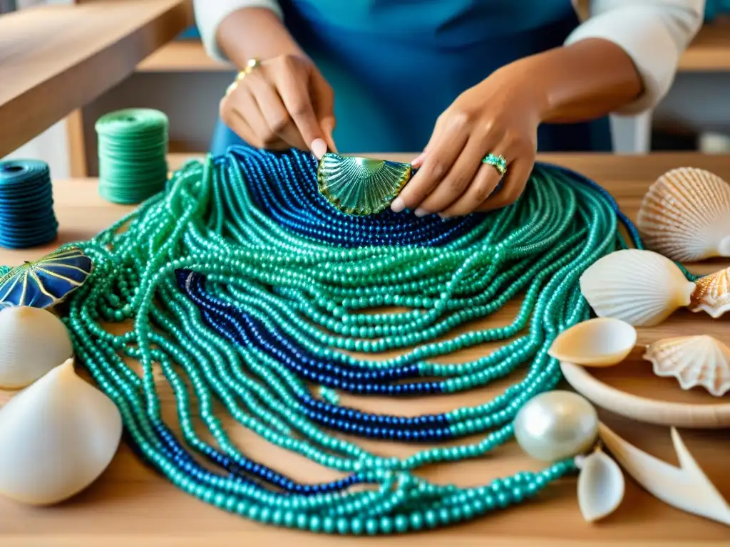 Artesano creando collar marino: detalle y destreza Artesano crea collar marino con alma, bisutería asequible