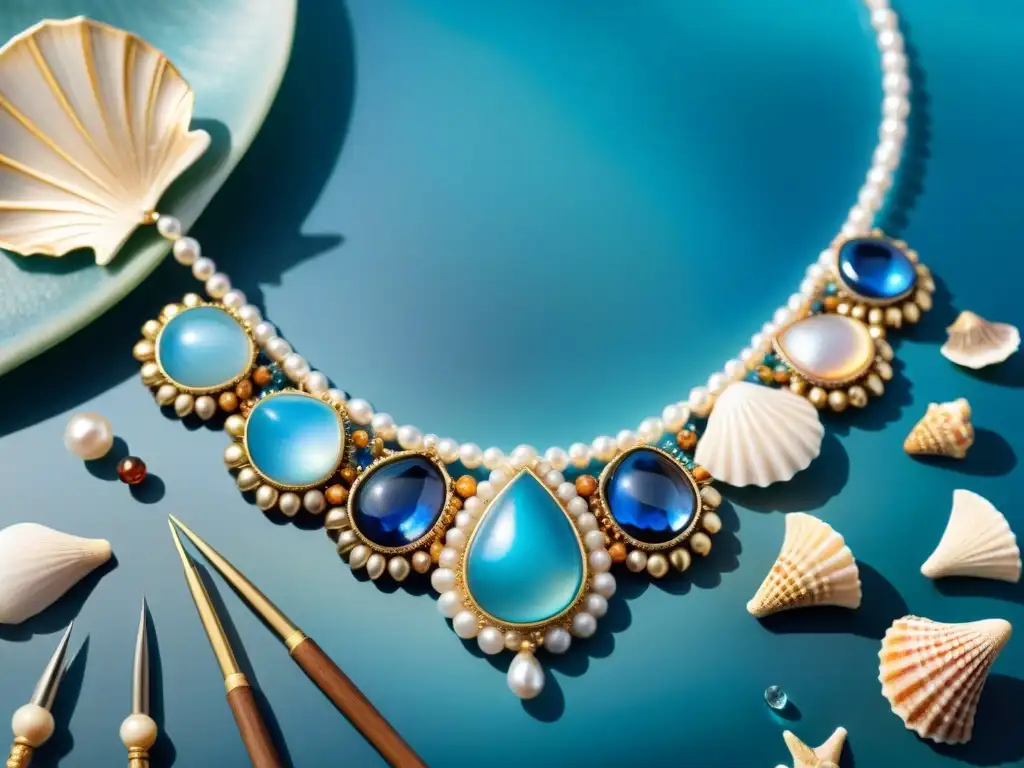 Artesana crea collar marino con gemas azules y perlas Un artesano crea un collar marino detallado con gemas azules, conchas y perlas, en un taller costero