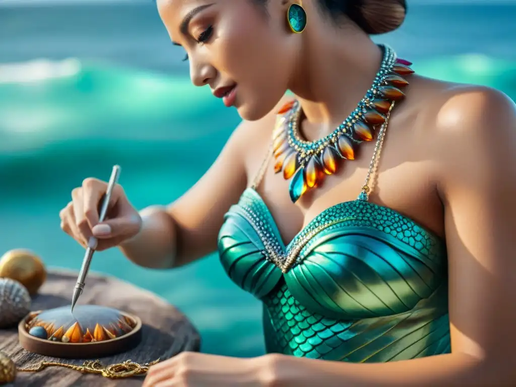 Artesano creando collar de sirena: detalle experto Artesano creando un collar de sirena con detalle y destreza, reflejando la dedicación en joyería inspirada en criaturas marinas