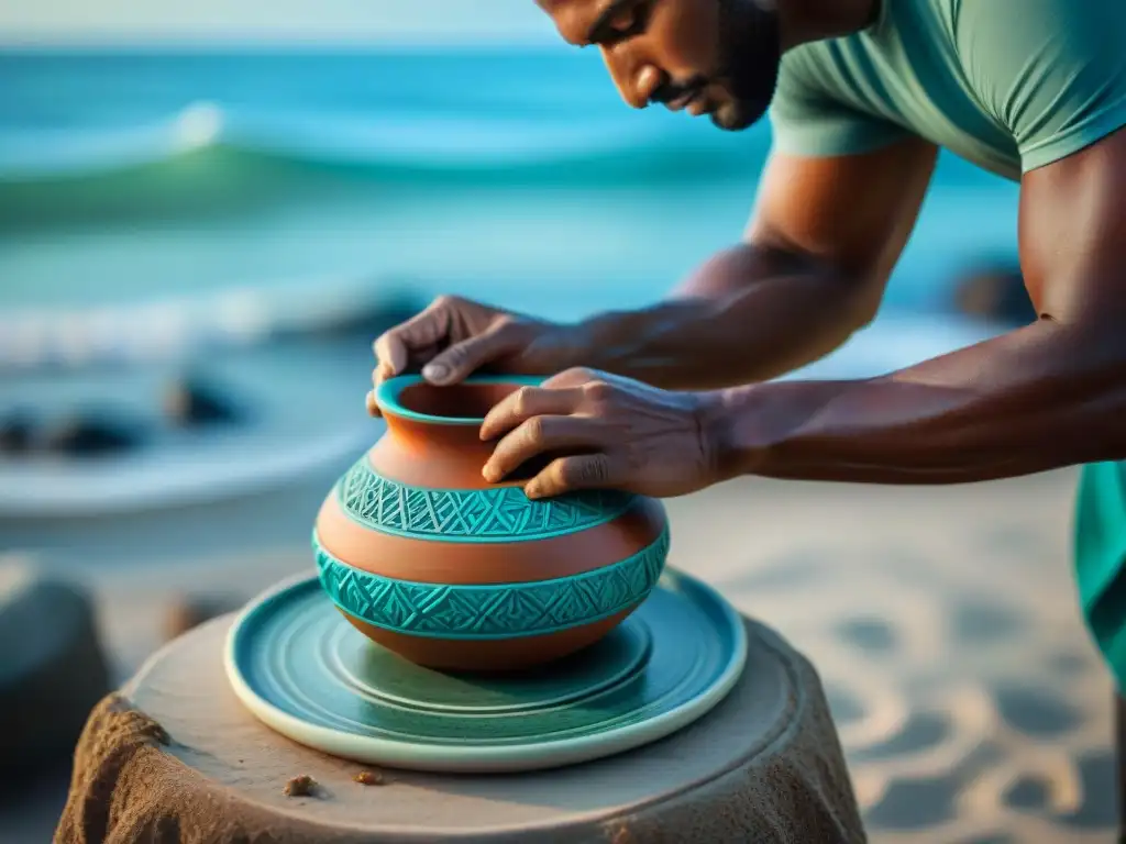 Un artesano costero meticuloso creando piezas únicas con determinación y pasión