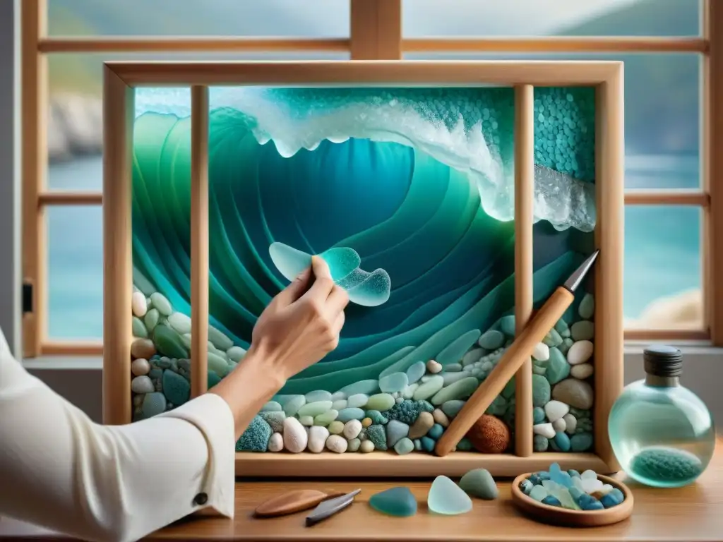 Artesano costero creando mosaico marino Un artesano costero crea una obra de arte inspirada en el mar con meticulosidad y pasión