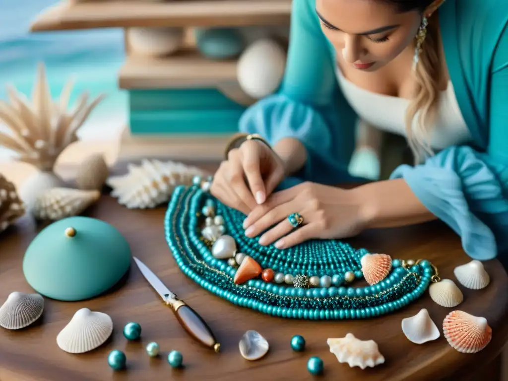 Artesano creando joyas inspiradas en la costa Un artesano crea con destreza accesorios costeros inspirados en el mar, rodeado de cuentas coloridas y conchas en su banco de trabajo de madera
