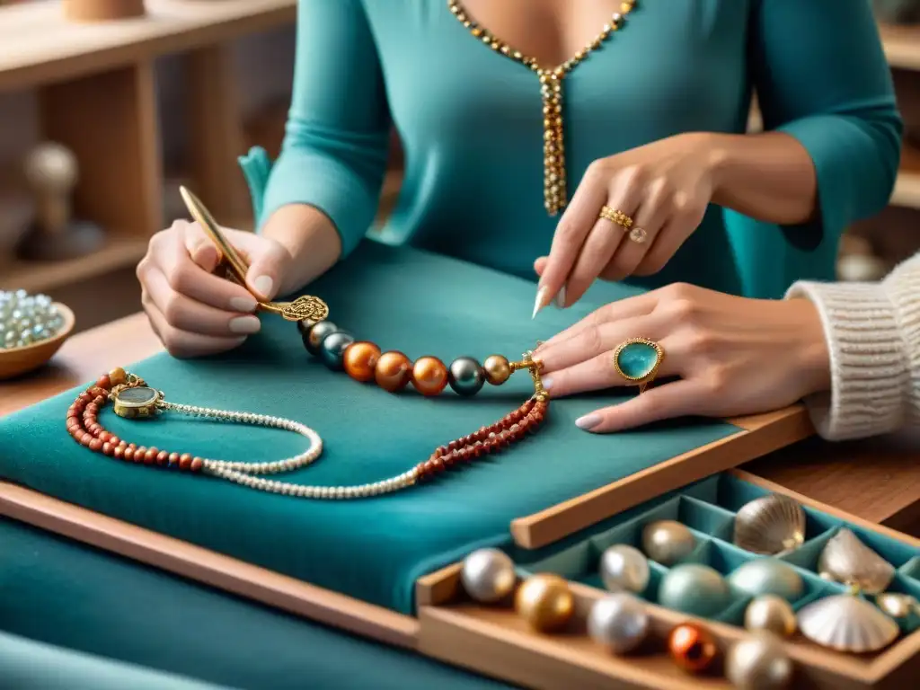 Artesana creando joyas marinas con detalle Un artesano crea con destreza bisutería con alma marina asequible, rodeado de coloridas cuentas y conchas, en un ambiente cálido y luminoso