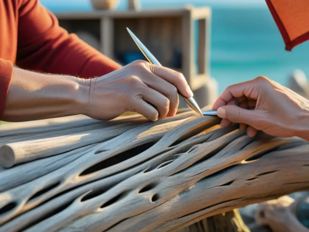Artesano costero tallando madera: tradición y destreza Un artesano experimentado talla diseños en madera a la deriva, destacando la colección de arte costero