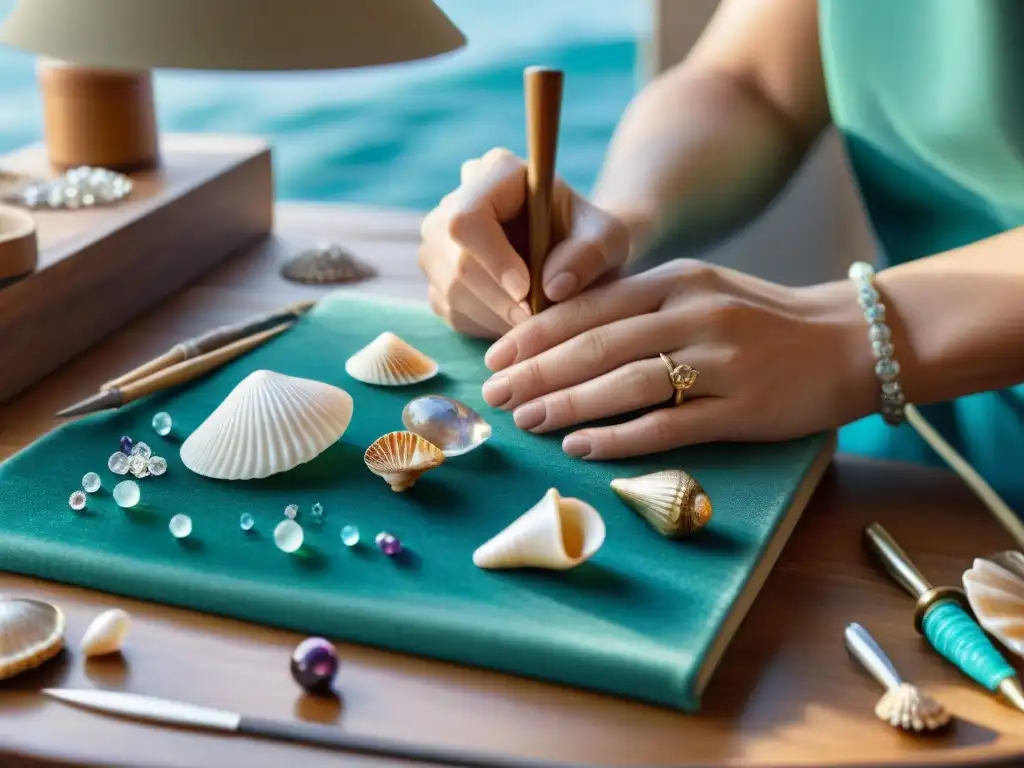 Artesano creando joyas inspiradas en el océano Un artesano experto crea bisutería con alma marina asequible, rodeado de gemas y conchas, en un taller iluminado por luz natural