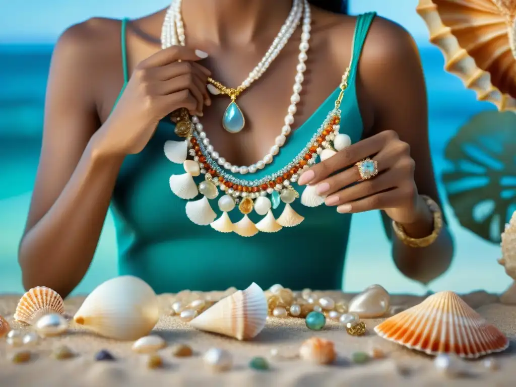 Artesano creando collar de conchas y gemas marinas Un artesano experto crea un collar de concha junto al mar, rodeado de joyas marinas coloridas