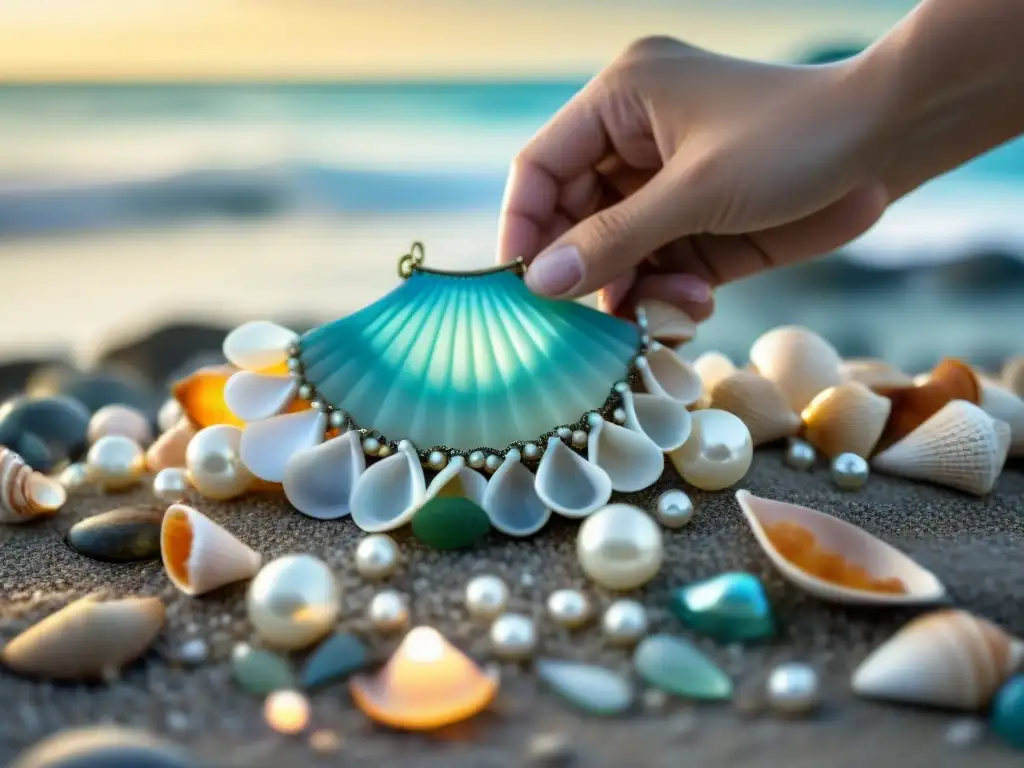 Artesano joyero creando collar marino con conchas y perlas Un artesano experto crea un collar con conchas y perlas junto al mar, reflejando la belleza de los collares marinos estilo vida costera