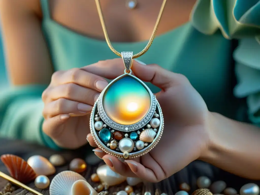 Creación de joyas marinas: artesanía en detalle Un artesano experto crea con destreza un colgante inspirado en el mar, resaltando la meticulosidad en la creación de joyas inspiradas en el océano