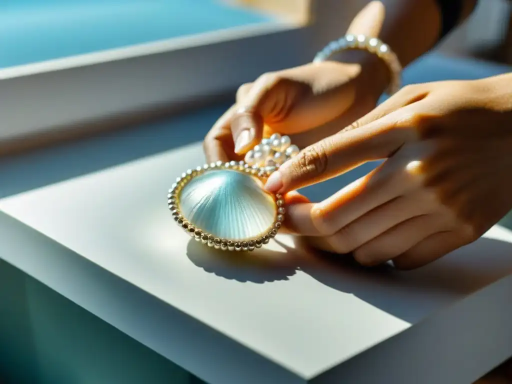 Artesano crea collar con conchas y perlas Un artesano experto crea con detalle un collar inspirado en el mar, con perlas y plata, iluminado por luz natural