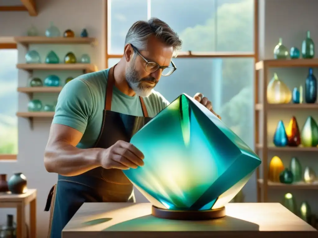 Artesano crea escultura de vidrio reciclado con destreza Un artesano experto crea una escultura de vidrio con piezas recicladas, iluminado por el sol