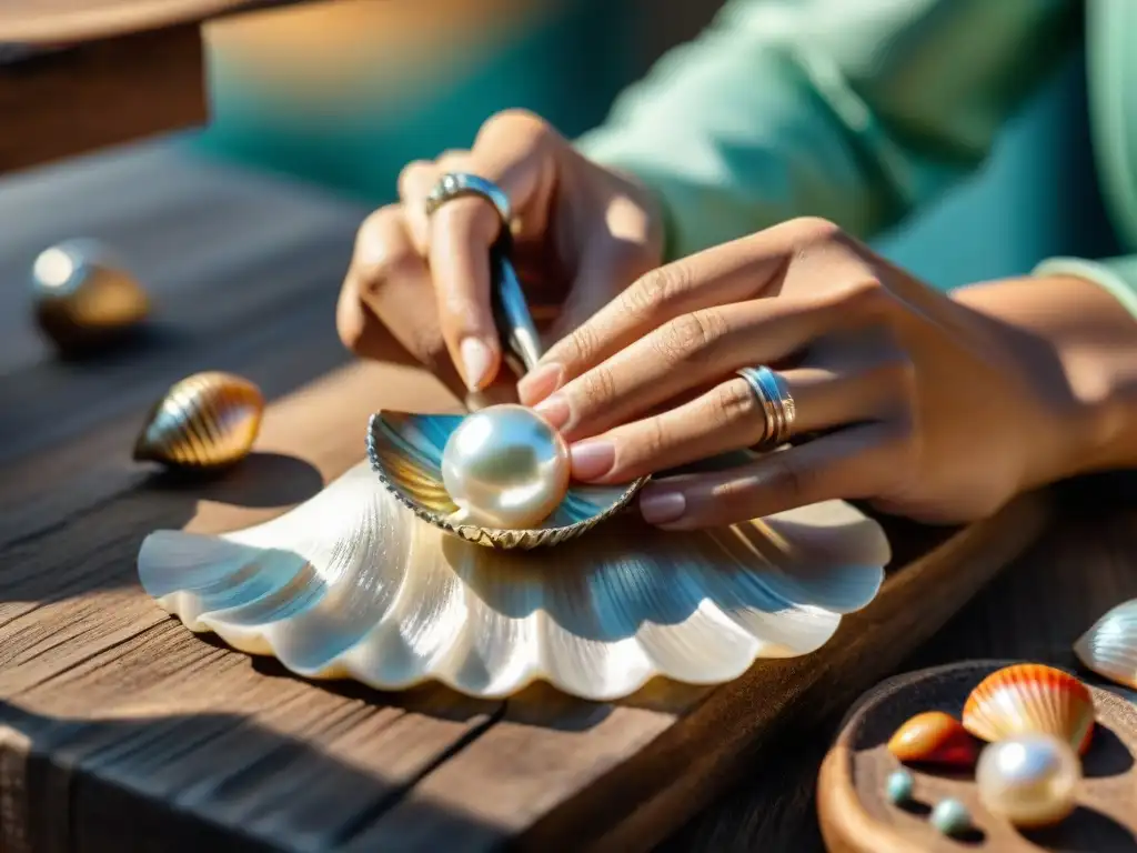 Artesano creando joyería de concha con perla: detalle y elegancia Un artesano experto coloca una perla en una concha brillante para crear joyas marinas