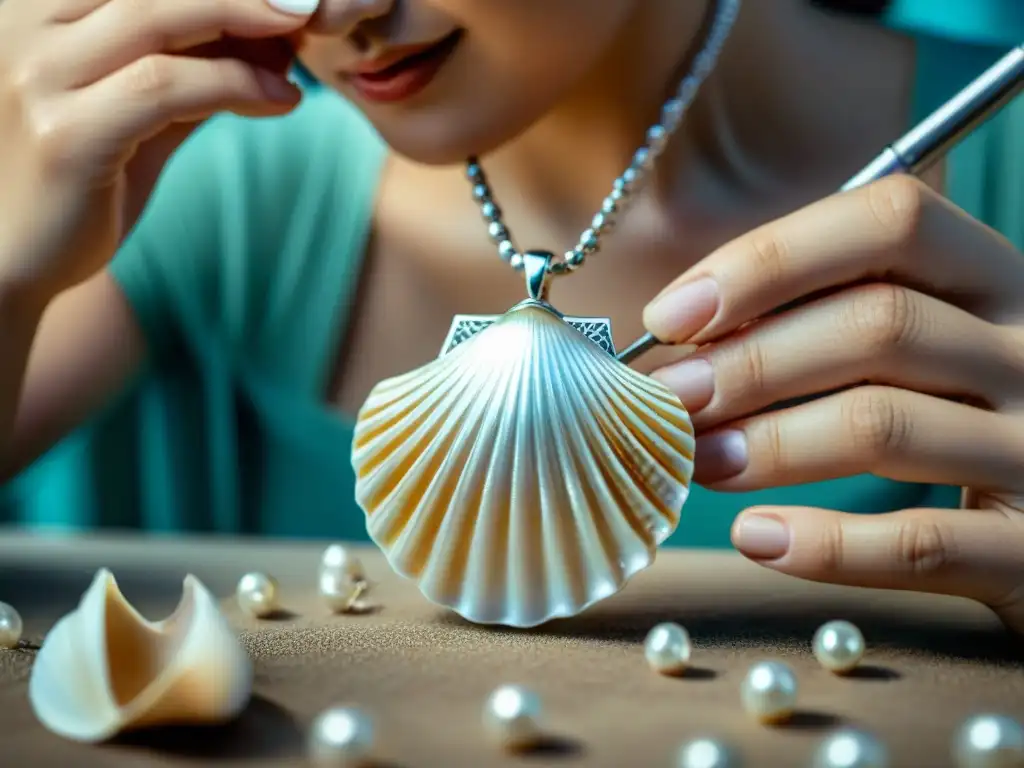 Artesano creando collar de conchas marinas en taller de joyería Un artesano experto crea con precisión un collar de conchas marinas en un taller de joyería, parte de la colección joyas conchas marinas
